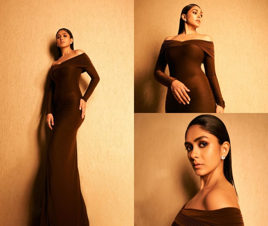 Mrunal Thakur Shines In Off Shoulder Brown Bodycon Dress Photos Iwmbuzz 