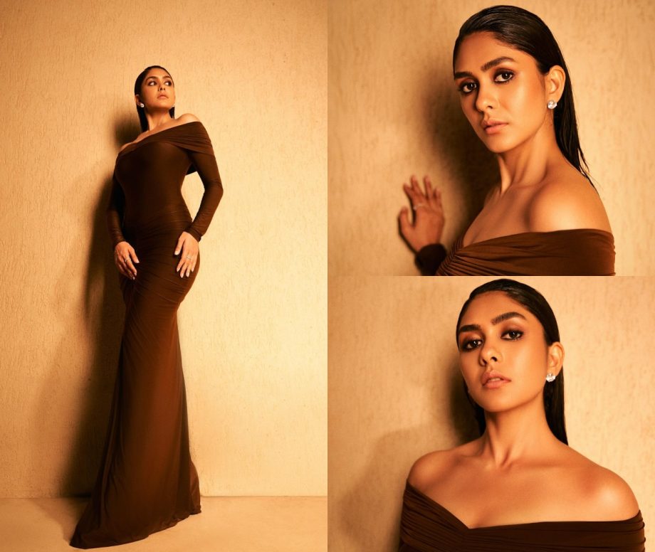 Mrunal Thakur shines in off-shoulder brown bodycon dress [Photos] 868036