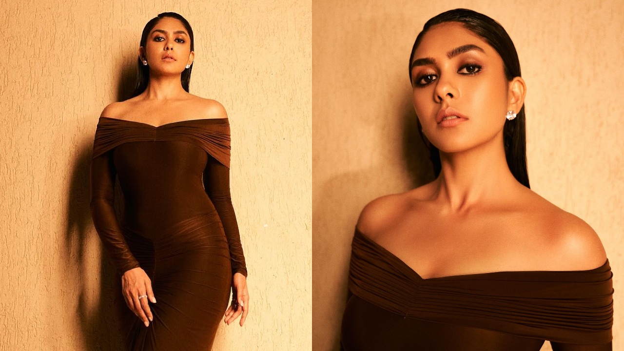 Mrunal Thakur shines in off-shoulder brown bodycon dress [Photos] 868032