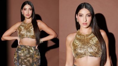 Nora Fatehi picks up festive fizz in fishtail lehenga choli and shimmery crop top blouse