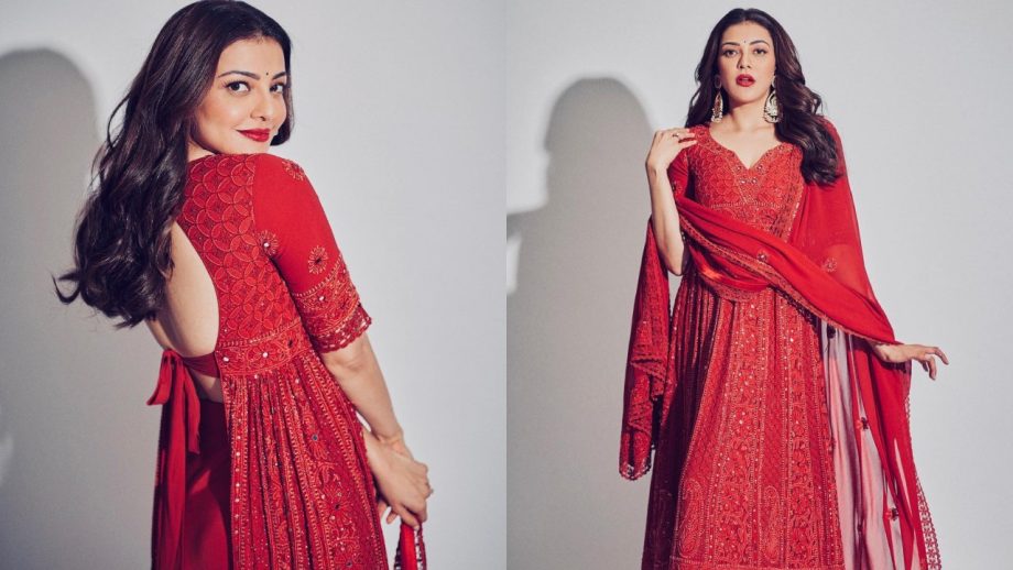 [Photos] Kajal Aggarwal shines in bright red chikankari Anarkali suit worth Rs 215,000 870082