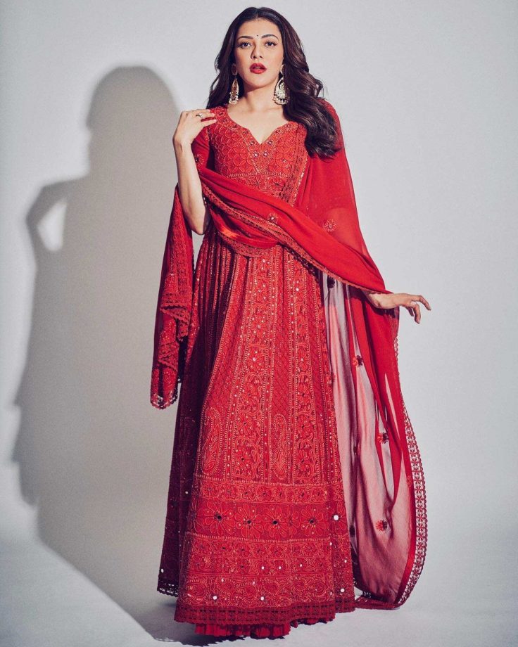 [Photos] Kajal Aggarwal shines in bright red chikankari Anarkali suit worth Rs 215,000 870080