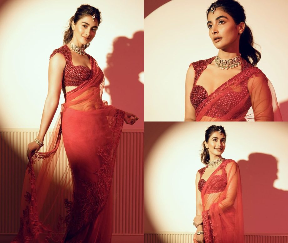 Pooja Hegde masters ‘red radiance’ in see-through Manish Malhotra saree [Photos] 867894