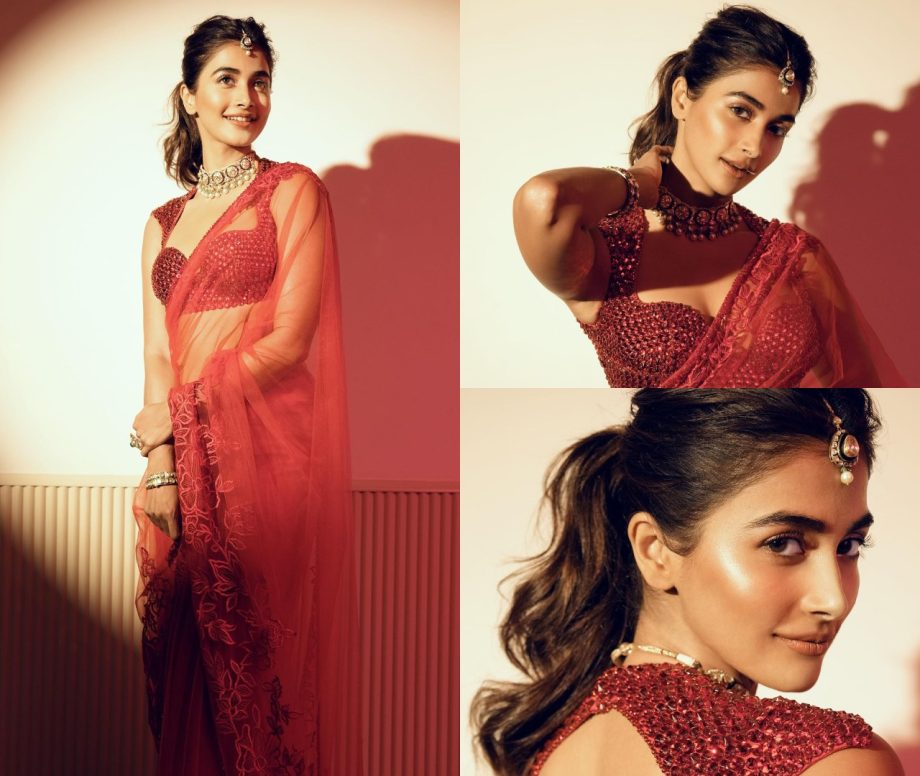 Pooja Hegde masters ‘red radiance’ in see-through Manish Malhotra saree [Photos] 867895