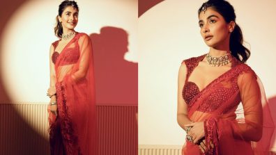 Pooja Hegde masters ‘red radiance’ in see-through Manish Malhotra saree [Photos]
