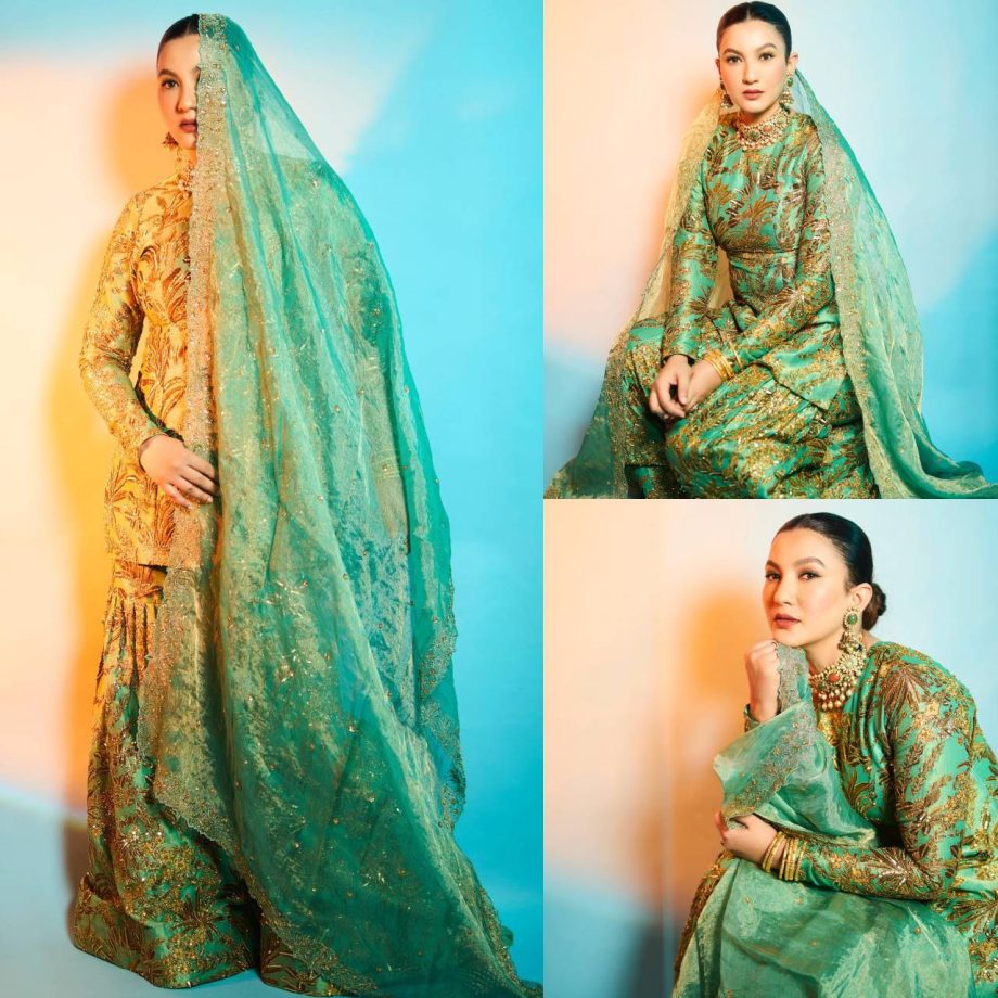 Queen! Gauhar Khan redefines ‘royal’ green heavy embroidered sharara set 869182