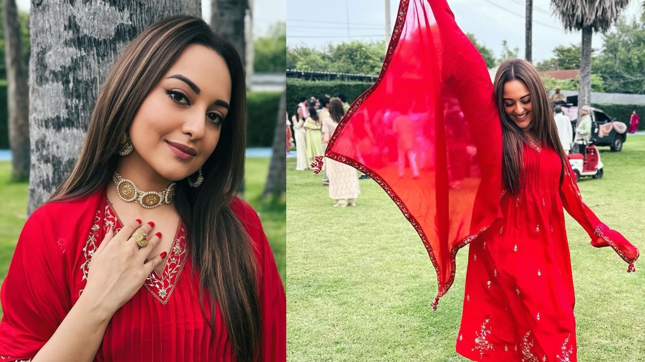 Red Affair: Sonakshi Sinha shines in red organza silk Anarkali suit worth Rs 45000 870976