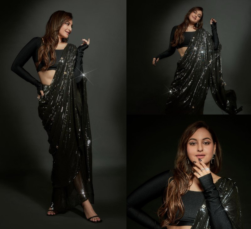 Sonakshi Sinha Shines In Black Sequin Saree With Diamond Accessories 867579