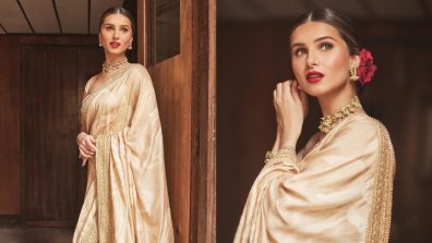 Tara Sutaria Spells Classic Magic In Golden Saree, Necklace & Rose Bun