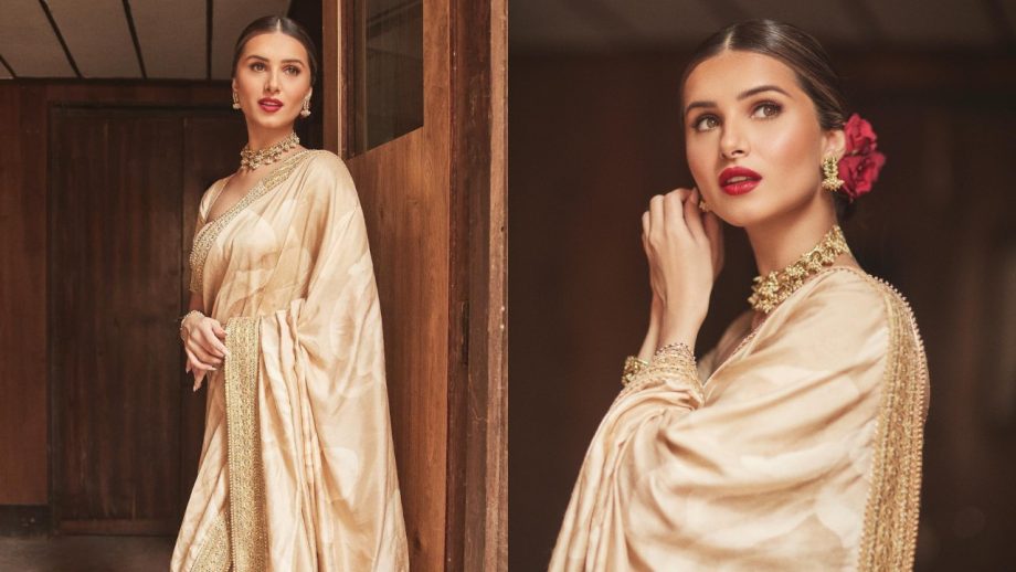 Tara Sutaria Spells Classic Magic In Golden Saree, Necklace & Rose Bun 866468