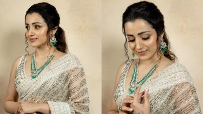 Divine! Trisha Krishnan shines in sequinned ivory see-through saree [Photos]