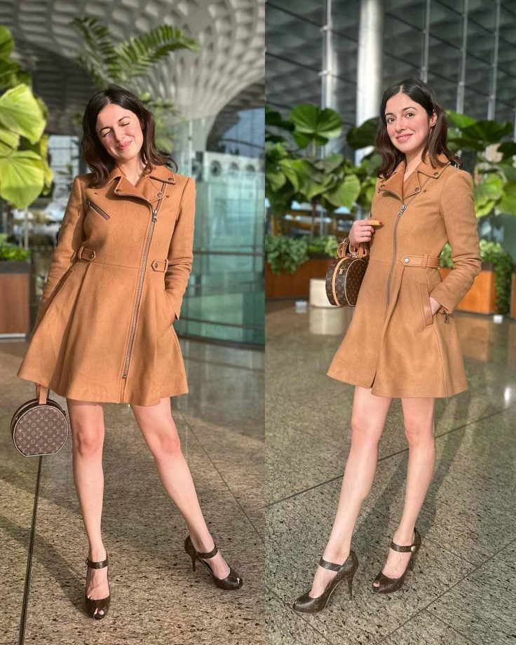 Divya Khosla Kumar makes a case for peplum beige leather jacket 876333