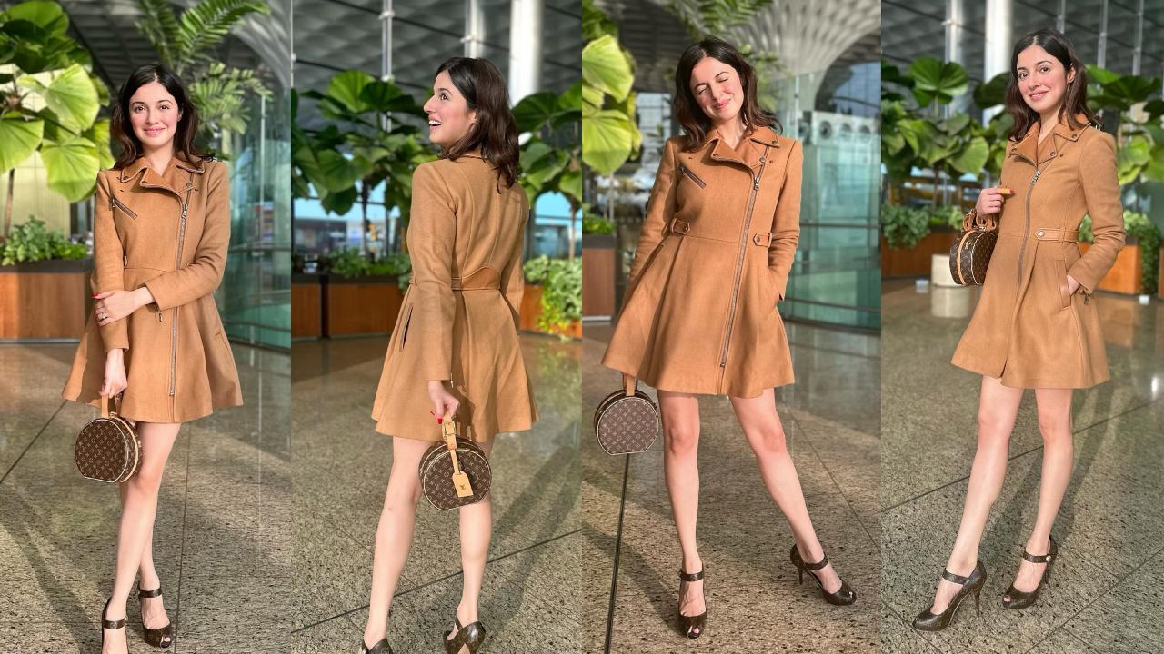 Divya Khosla Kumar makes a case for peplum beige leather jacket 876331