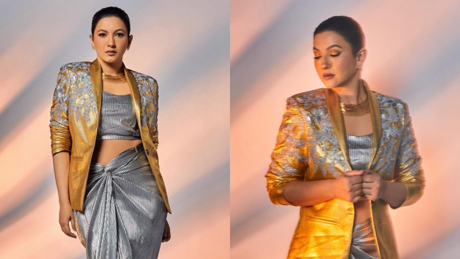 Gauhar Khan turns bold in sheer silver co ord set and boho jacket 874121