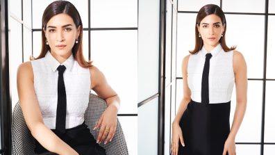 Kriti Sanon does school girl style in white crepe shirt and black skirt, check out