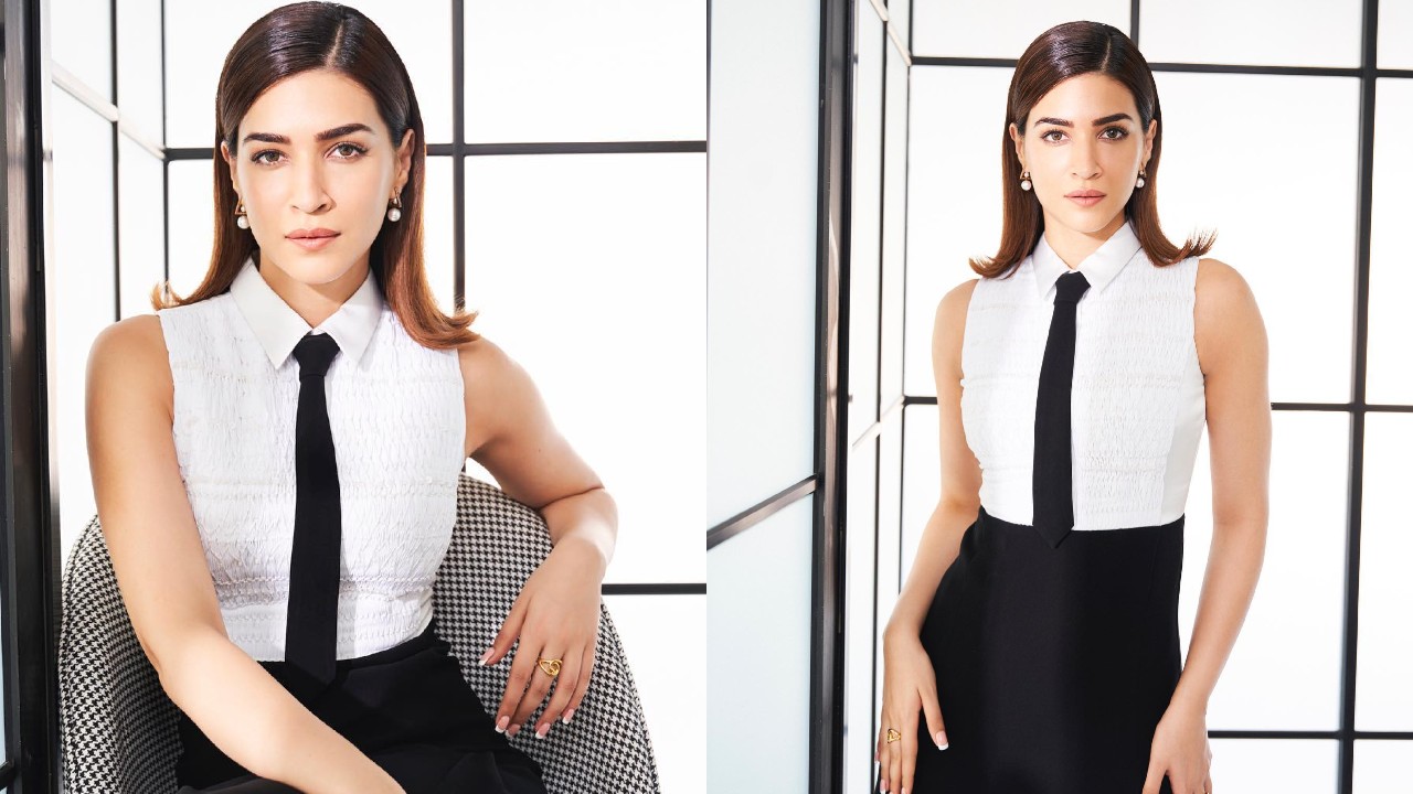 Kriti Sanon does school girl style in white crepe shirt and black skirt, check out 873015