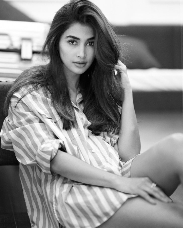 Monochrome Love! Pooja Hegde turns sensuous in  striped shirt dress 871639