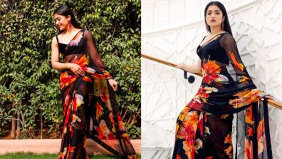 Rashmika Madanna sets style bar high in black floral chiffon saree