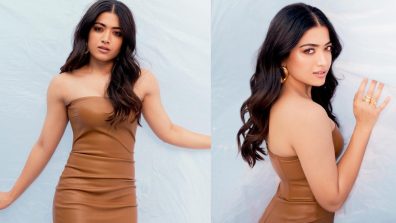 Rashmika Mandanna glams up in beige brown latex bodycon dress [Photos]