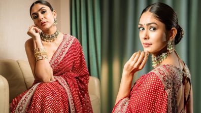 Regal Beauty! Mrunal Thakur stuns heavily embroidered red saree for Hi Nanna promotions