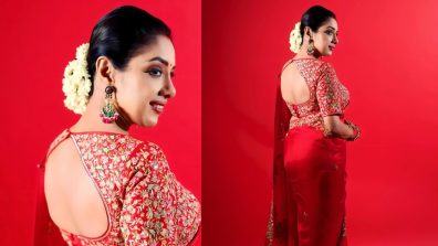 Rupali Ganguly turns ravishing in sheer vermillion red saree and embellished backless blouse