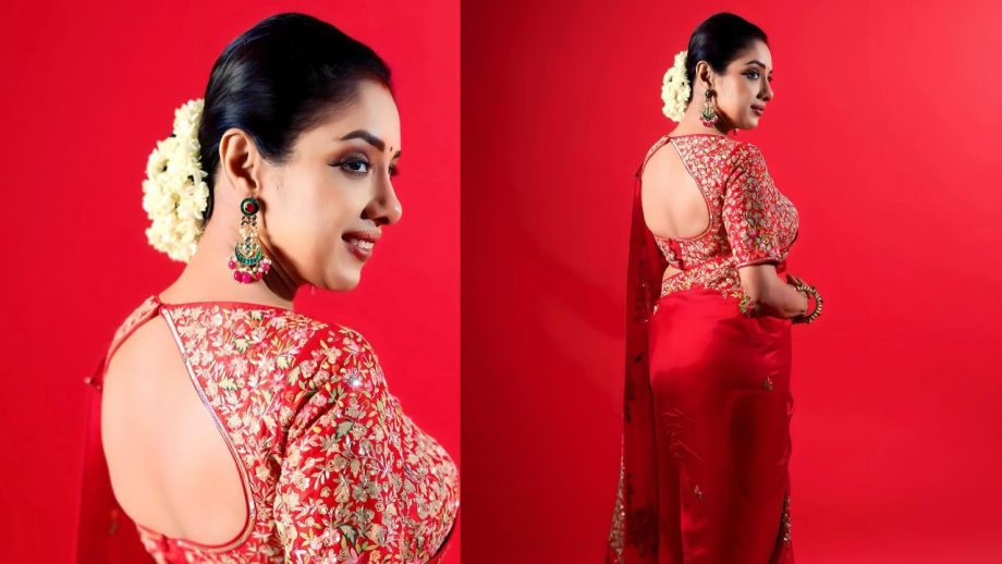 Rupali Ganguly turns ravishing in sheer vermillion red saree and embellished backless blouse 876170