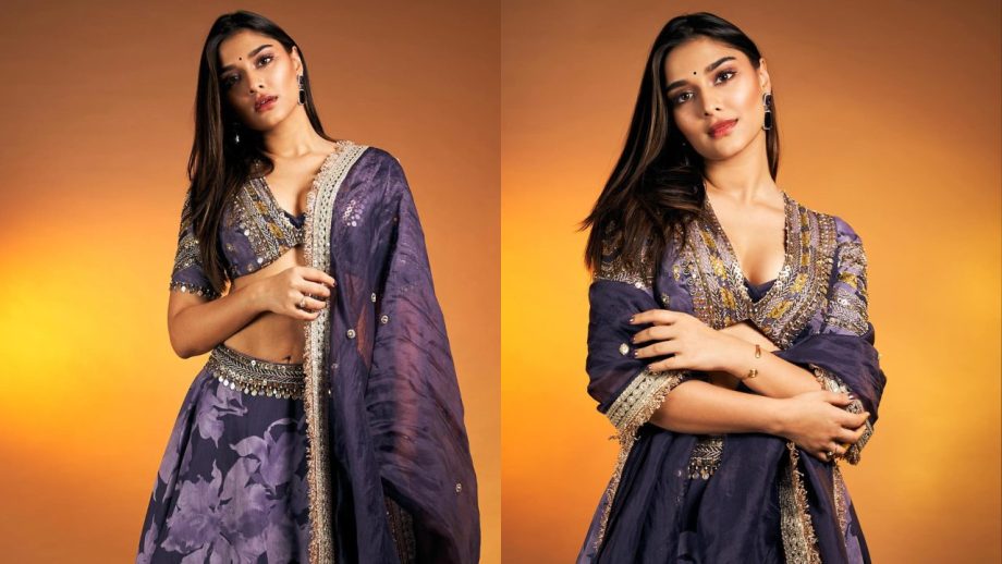 Saiee Manjrekar Spreads Floral Charm In Purple Lehenga With Plunging Blouse 872092