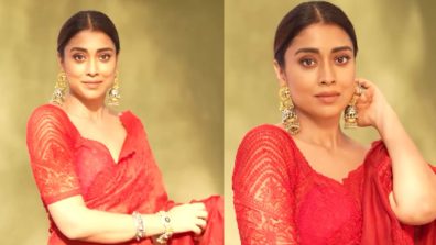 Saree Saga: Shriya Saran is a vision in red six yard, floral bun and statement jhumkas [Video]