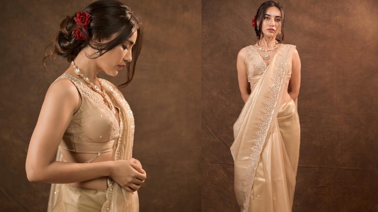 Surbhi Jyoti turns muse in beige sequinned saree and floral bun, check out 873597